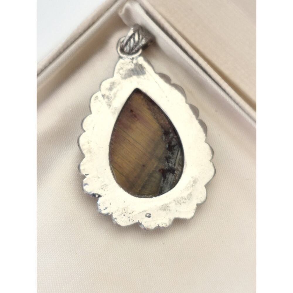 Vintage Large Silver-tone Pear Tiger-Eye Pendant - Picture 3 of 4